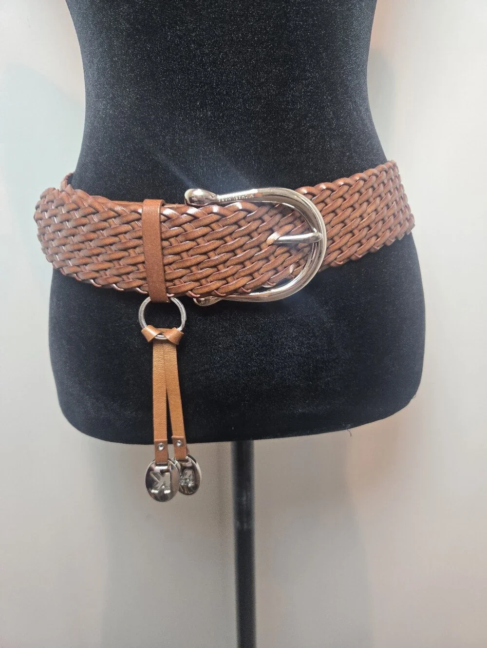 Michael Kors Brown Leather Braided Belt With Silver Charms Small